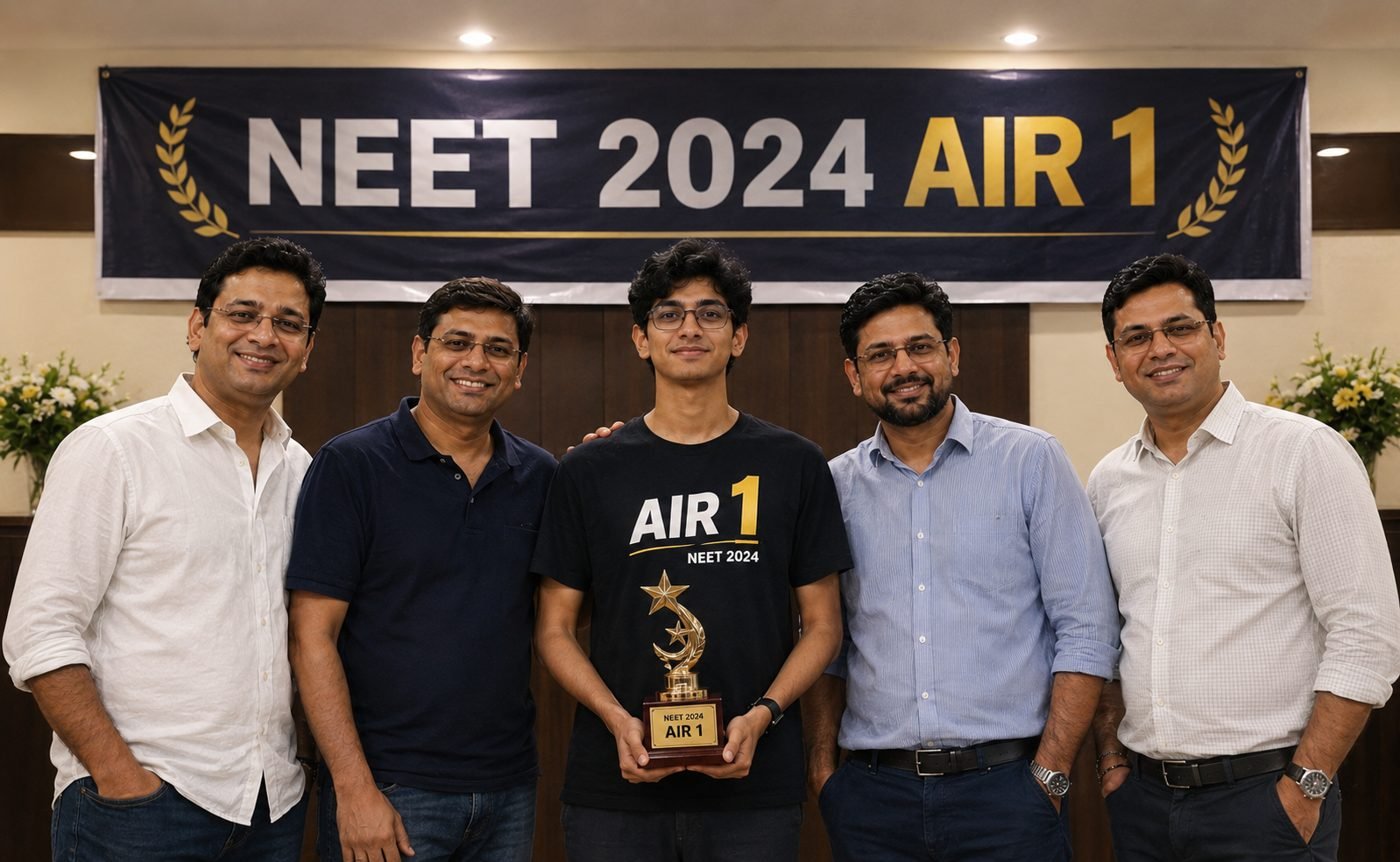 Faculty team celebrating with the NEET 2024 AIR 1 student